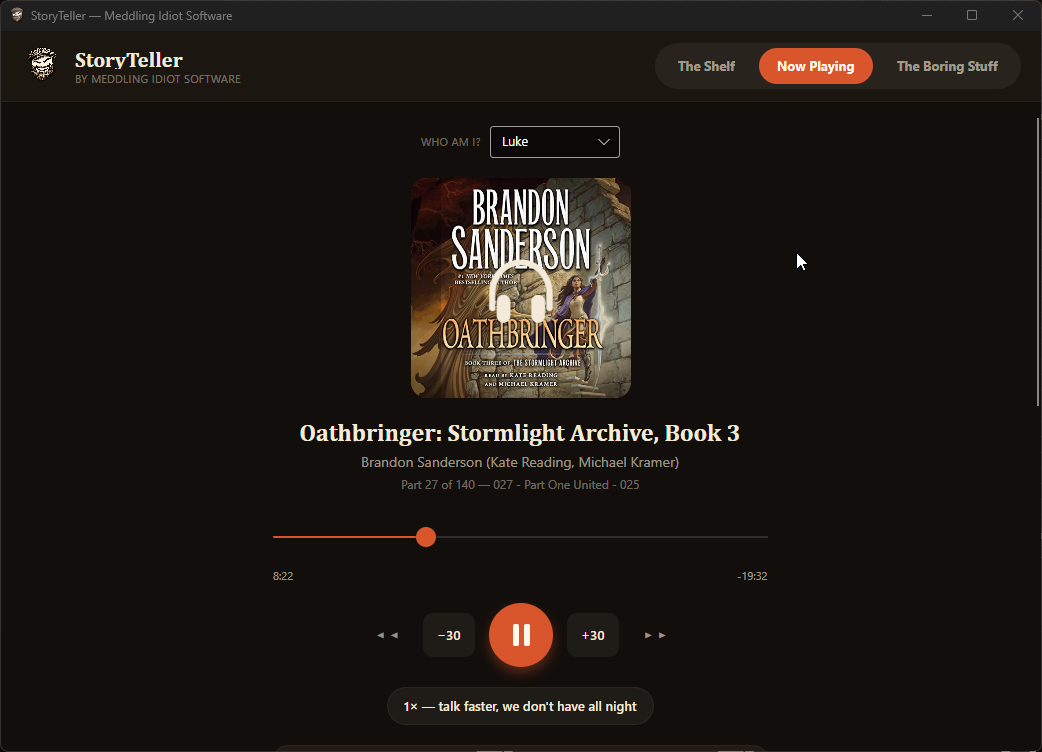 StoryTeller now playing screen with seek bar, speed and sleep timer