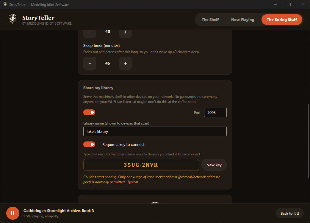 StoryTeller settings screen with share my library over the LAN