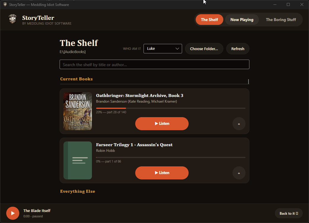 The StoryTeller shelf, showing audiobook covers pulled from a folder